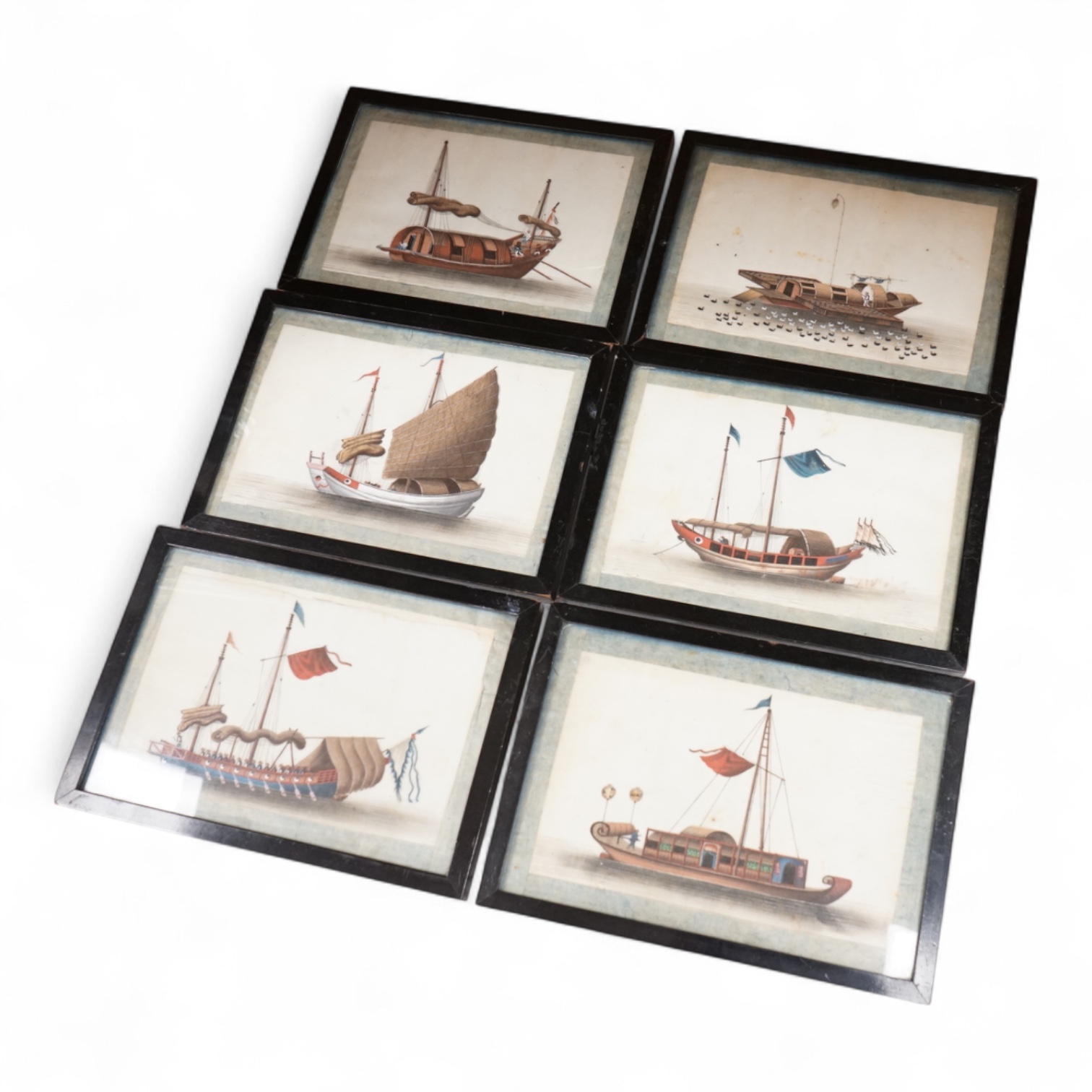 19th century, Chinese school, studies of ships and junks, set of six pith paper paintings, 10 x 16cm
